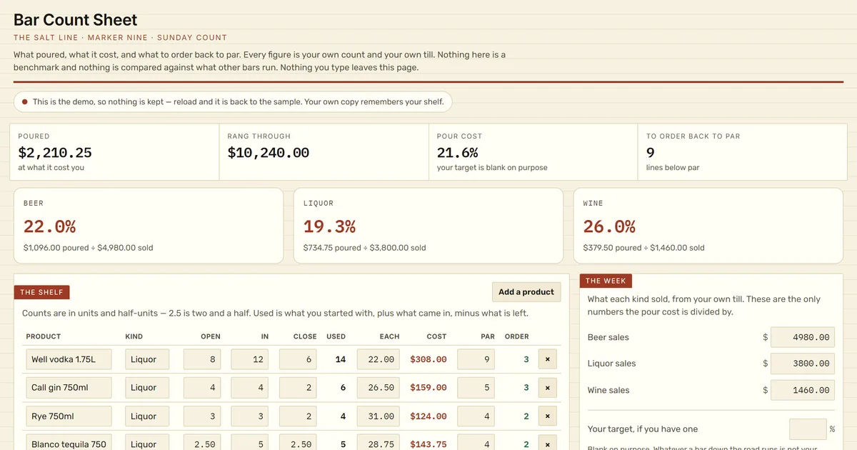 Bar Count Sheet — screenshot of the live tool