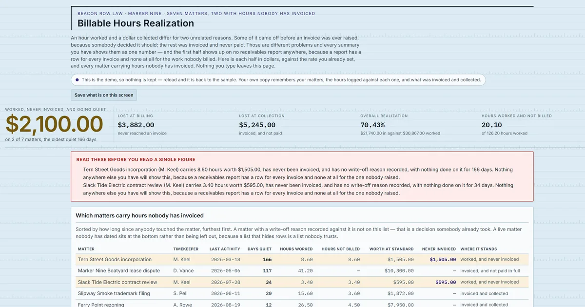 Billable Hours Realization — screenshot of the live tool