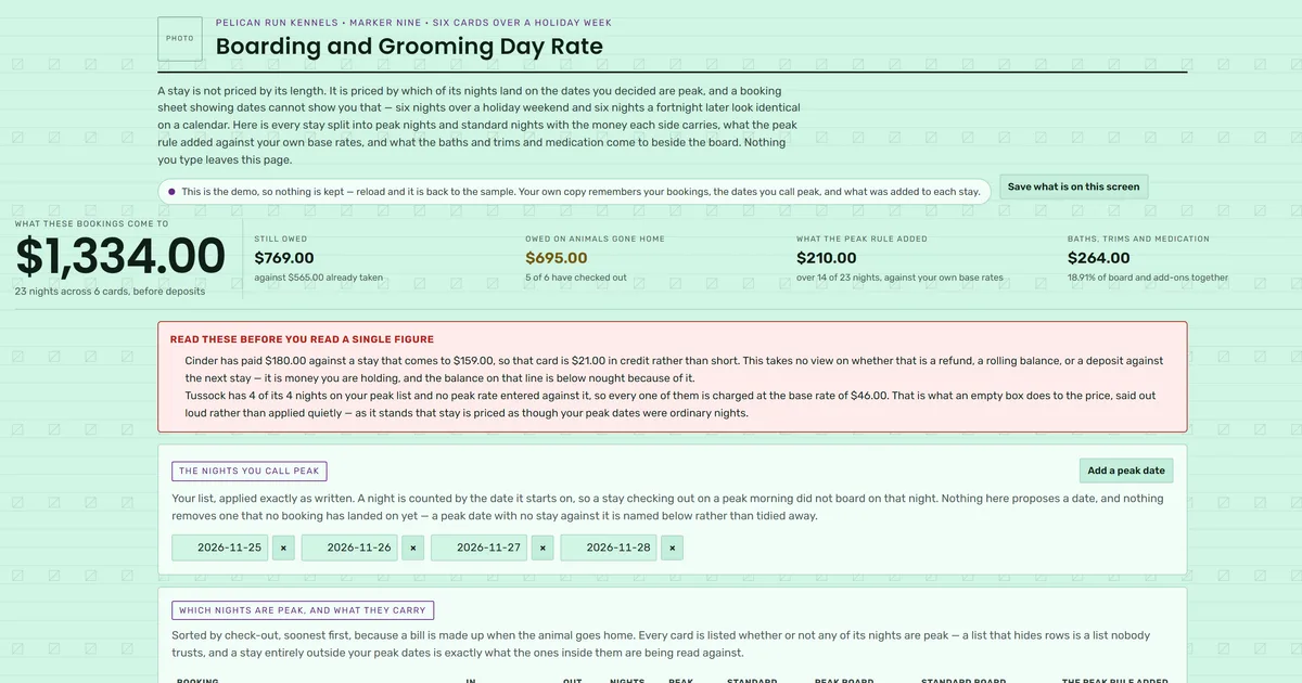 Boarding and Grooming Day Rate — screenshot of the live tool