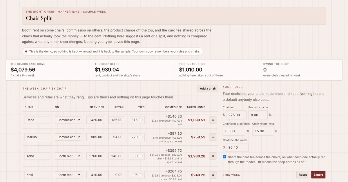 Chair Split — screenshot of the live tool