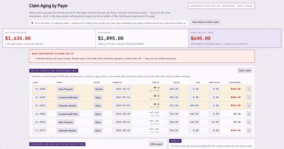 Claim Aging by Payer — screenshot of the live tool