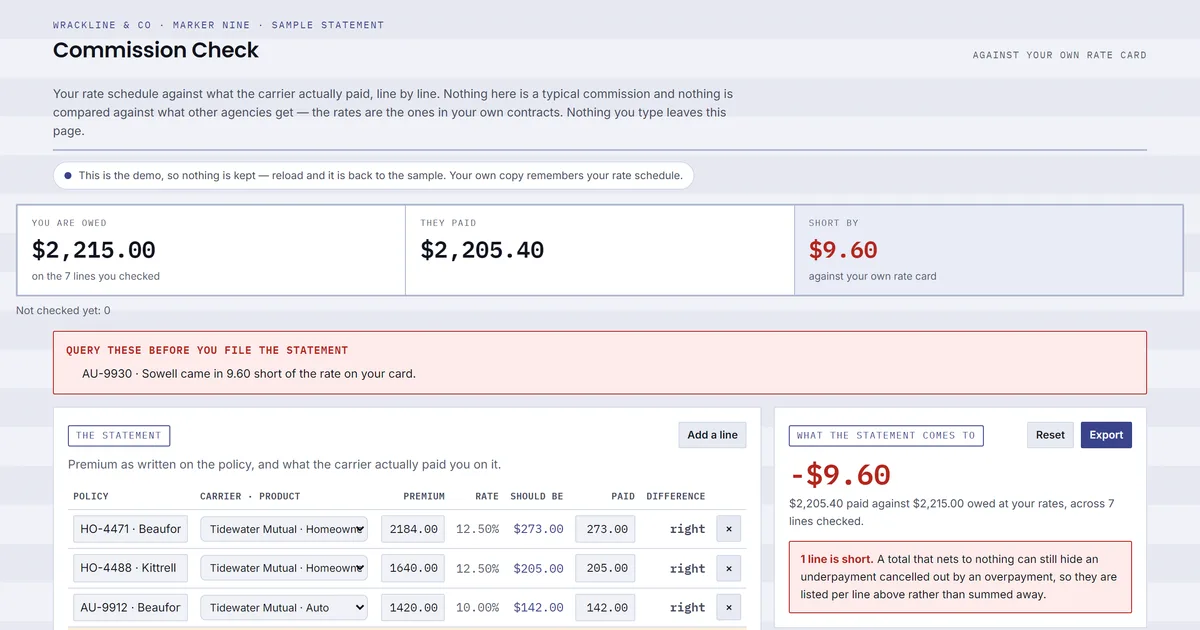Commission Check — screenshot of the live tool