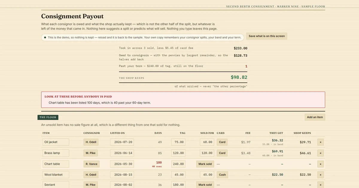 Consignment Payout — screenshot of the live tool