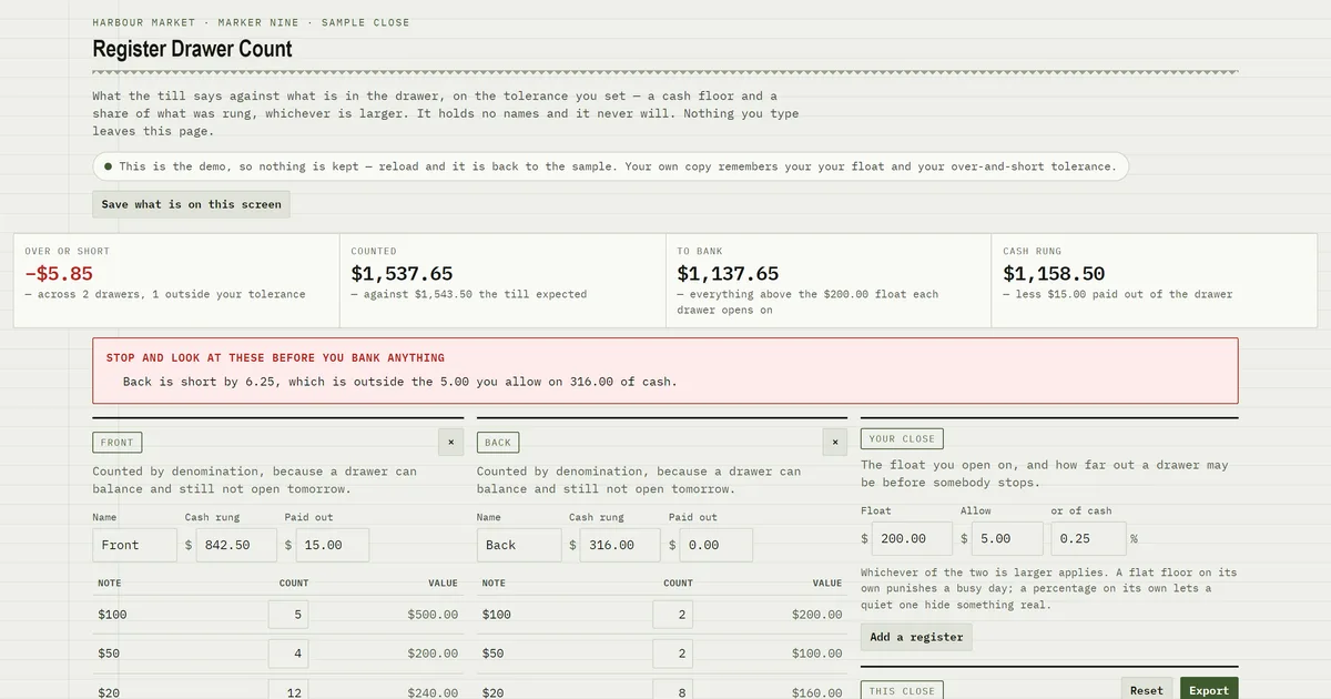 Register Drawer Count — screenshot of the live tool