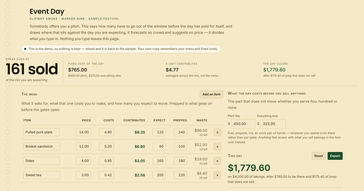 Event Day — screenshot of the live tool