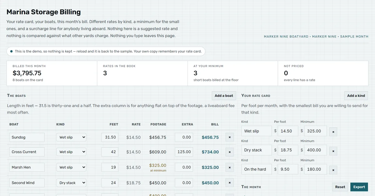 Marina Storage Billing — screenshot of the live tool
