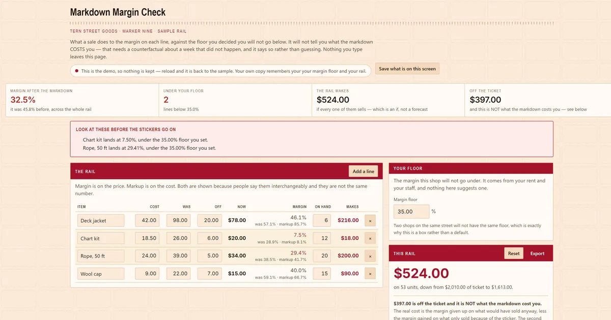 Markdown Margin Check — screenshot of the live tool