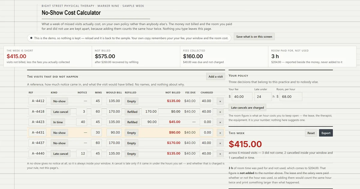No-Show Cost Calculator — screenshot of the live tool