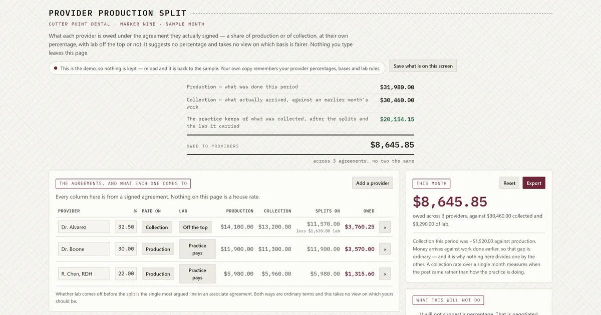Provider Production Split — screenshot of the live tool