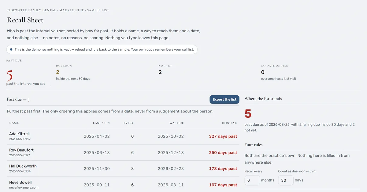 Recall Sheet — screenshot of the live tool