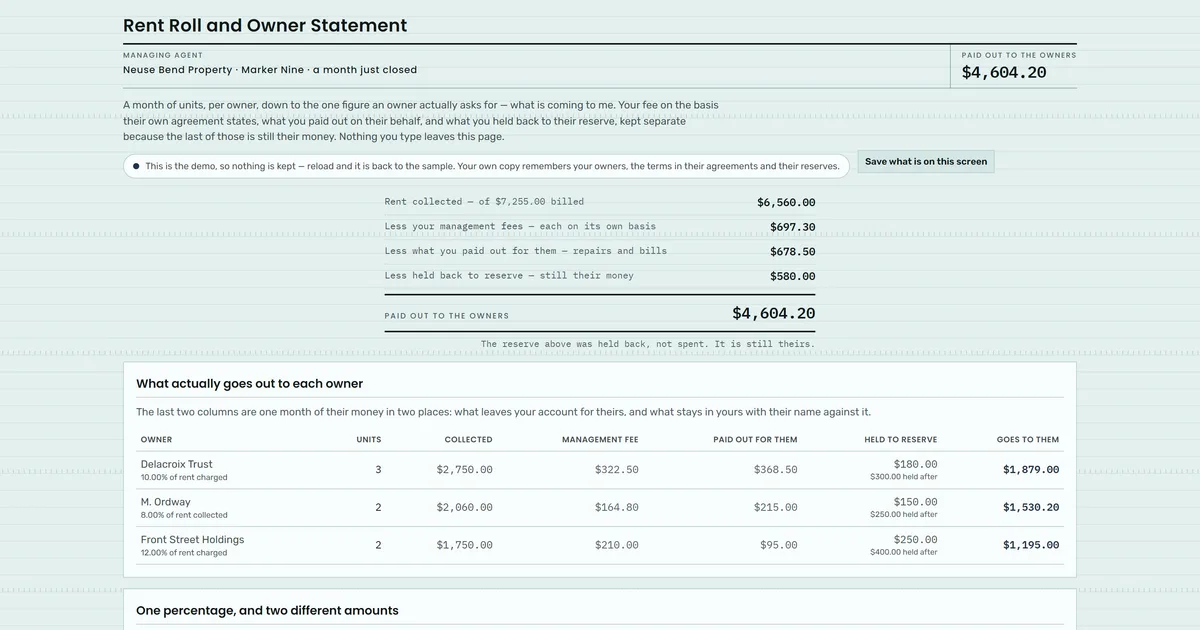 Rent Roll and Owner Statement — screenshot of the live tool