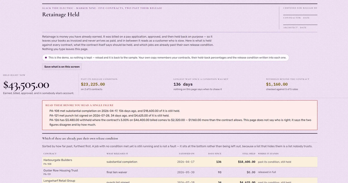 Retainage Held — screenshot of the live tool