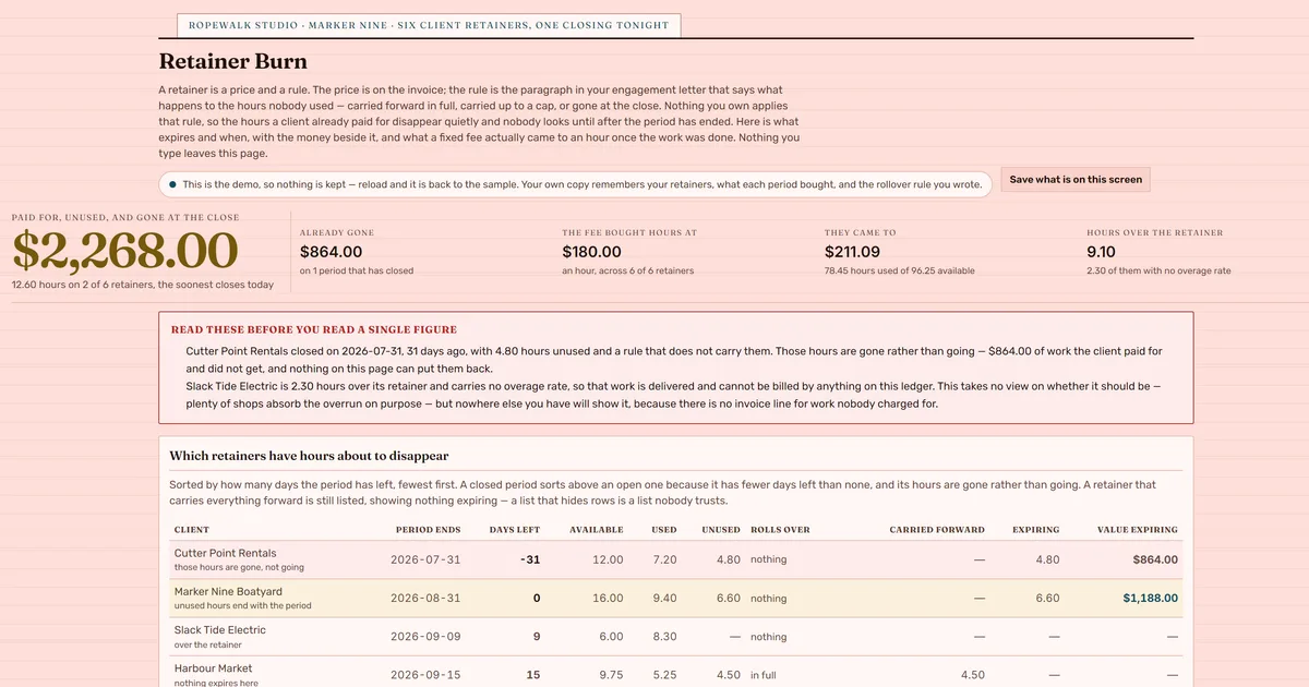 Retainer Burn — screenshot of the live tool