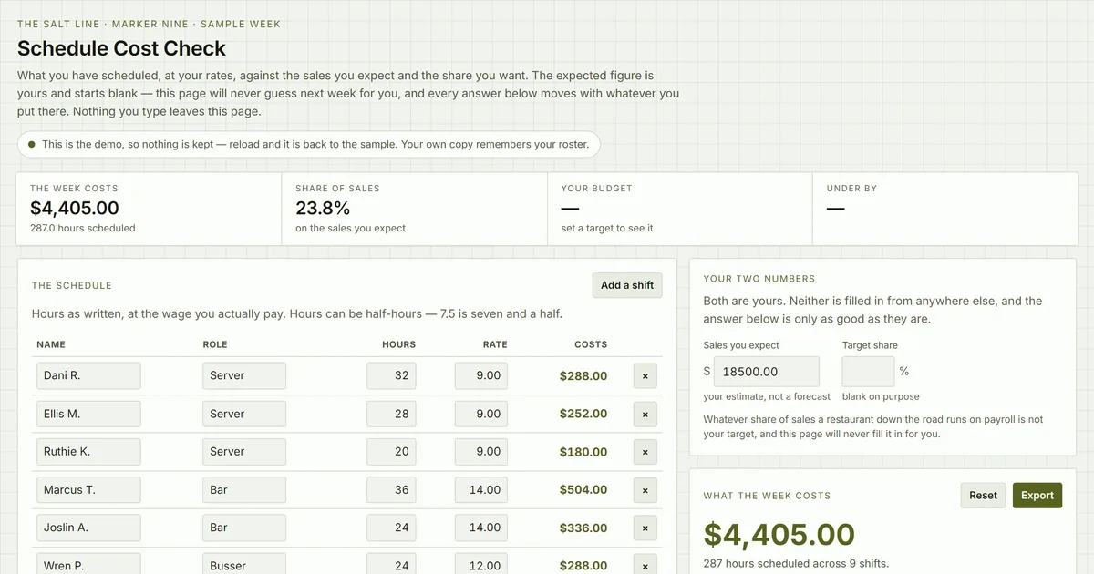 Schedule Cost Check — screenshot of the live tool