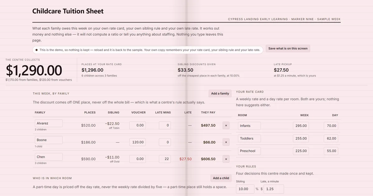 Childcare Tuition Sheet — screenshot of the live tool