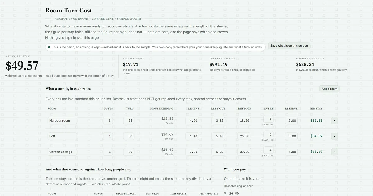 Room Turn Cost — screenshot of the live tool