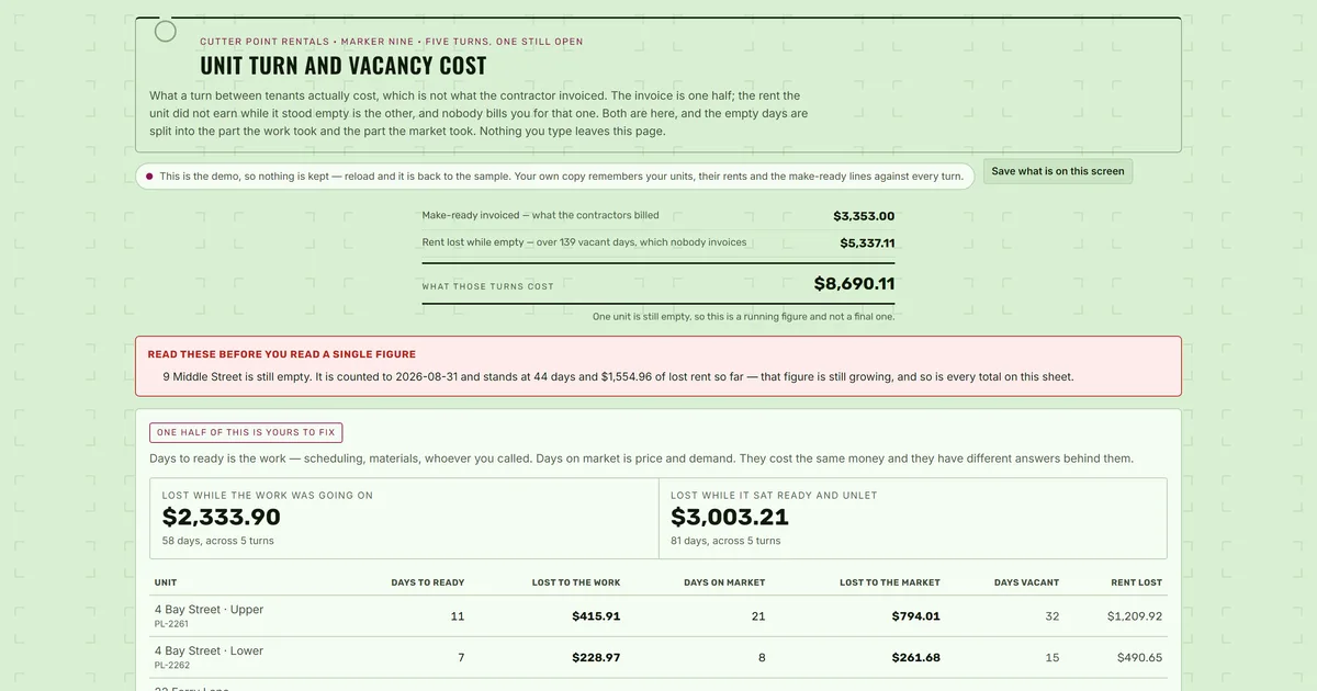 Unit Turn and Vacancy Cost — screenshot of the live tool
